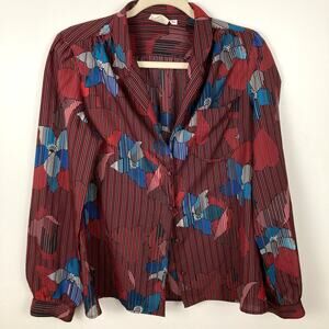 VTG 80s Maroon Abstract Floral Stripe Blouse Womens M Indie Eclectic Secretary